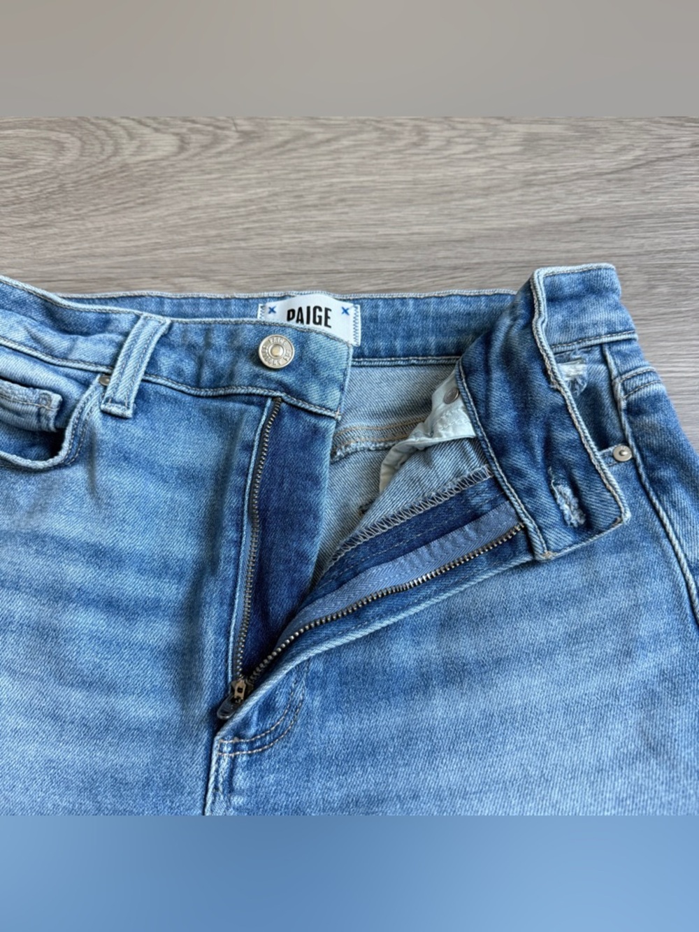 PAIGE Blue Wide Leg Raw Hem Jeans - Picture 8 of 13